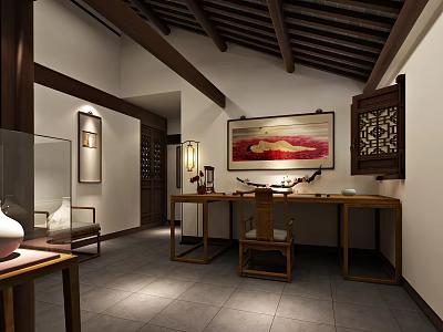 Traditional Chinese Study Room Interior With Wooden Furniture And Hanging Painting 3d model