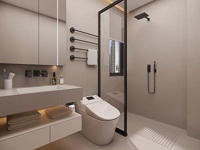 Modern Minimalist Bathroom Interior With Glass Shower Enclosure Smart Toilet And Wall Mounted Towel Rack 3d model