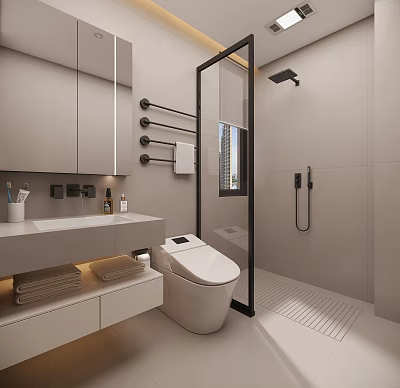 Modern Minimalist Bathroom Interior With Glass Shower Enclosure Smart Toilet And Wall Mounted Towel Rack 3d model