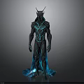 Sci Fi Character 3D Model With Black Suit Blue Glowing Lines Head Antennae And Cape