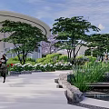 Modern Garden Landscape With Lush Trees Pedestrian Plaza And Architectural View