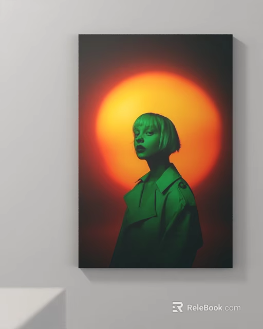 Portrait of a woman with short hair in green trench coat against orange red background 3d model 