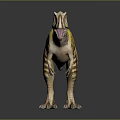 Realistic Tyrannosaurus Rex Dinosaur Model With Yellow Orange Stripes Standing On Gray Background