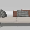 Modern Minimalist Beige Sofa Bench With Plush Checkered And Orange Cushions And Black Metal Legs