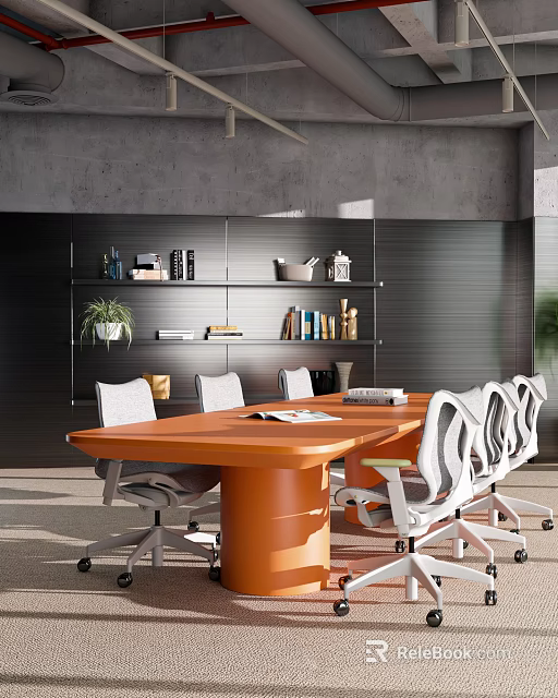 Modern Conference Room Interior With Orange Table White Chairs Black Shelves Books And Plants 3d model 
