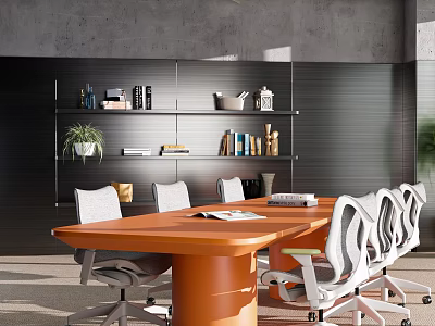 Modern Conference Room Interior With Orange Table White Chairs Black Shelves Books And Plants 3d model
