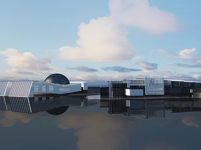 Modern Shower Sauna Building With Water Reflection And Spherical Structure Design 3d model