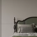 Vintage Double Bed With Green Carved Headboard Patterned Pillows Green Blanket And Nightstand