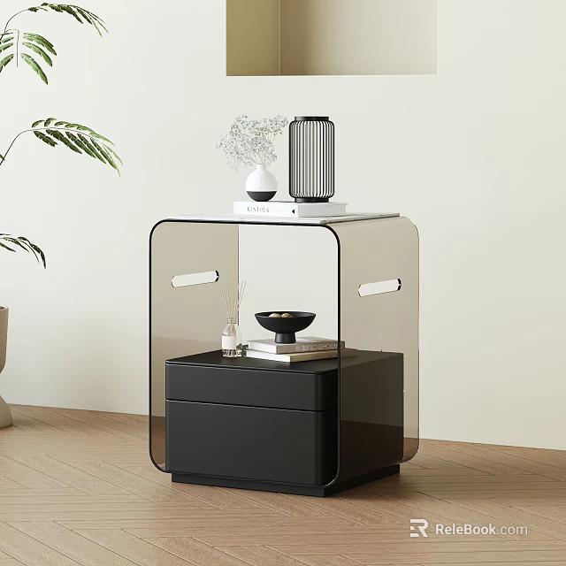 Modern Black Nightstand with Transparent Panel and Decorative Vase Dried Flowers Books Small Bowl 3d model 