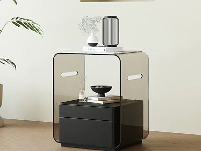 Modern Black Nightstand with Transparent Panel and Decorative Vase Dried Flowers Books Small Bowl 3d model