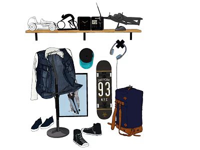 Denim Vest Displayed On Clothes Stand With Shoes Backpack Skateboard And Headphones 3d model