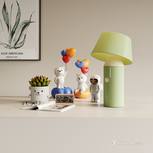 Green Table Lamp With Teddy Bear Toys Balloons Astronaut Figure And Digital Clock On Desk 3d model 