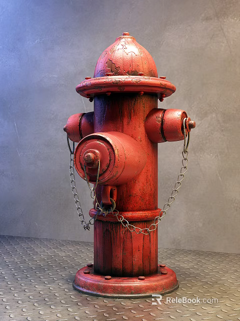 Red Rustic Fire Hydrant With Chains As Essential Fire Equipment 3d model 