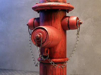 Red Rustic Fire Hydrant With Chains As Essential Fire Equipment 3d model