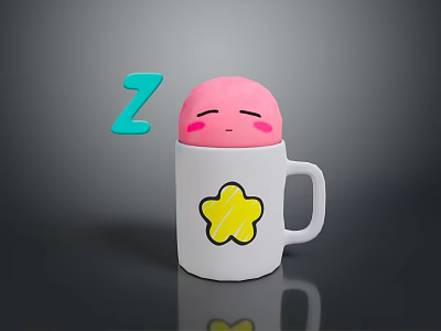 Cute White Mug Featuring Yellow Star Pattern Pink Sleepy Face Topper And Blue Z Symbol 3d model