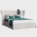 Light Colored Upholstered Double Bed With Curved Headboard Green Throw Pillows And White Sheets