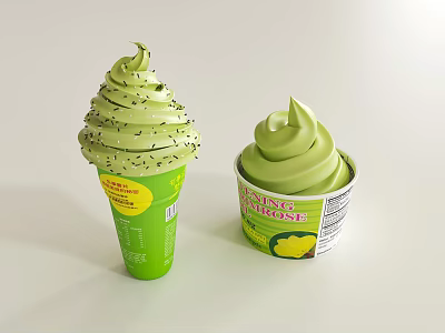 Green Matcha Ice Cream Swirl In Cone And Cup Dessert Treat 3d model