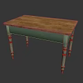 Vintage Dining Table With Green Turned Legs And Wooden Patina Top