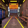 Industrial Bar With Gray Wall Yellow Pendant Lights Long Tables Chairs Large Windows Floor Arrows