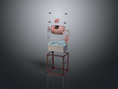 3D Model of Industrial Equipment With Red Drum White Sink Metal Stand and Small Components 3d model