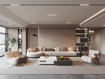 Modern Living Room Interior Design With Beige Sofa Wooden Bookshelves And Coffee Table 3d model