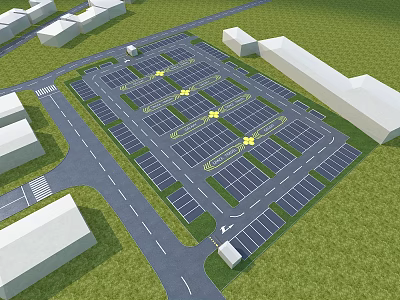 Modern Parking Lot Layout With Grid Pattern Spaces And Surrounding Buildings 3d model