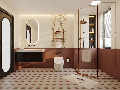 Elegant Modern Bathroom Interior With Round Mirror Vanity Toilet And Glass Shower Enclosure 3d model