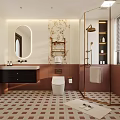 Elegant Modern Bathroom Interior With Round Mirror Vanity Toilet And Glass Shower Enclosure