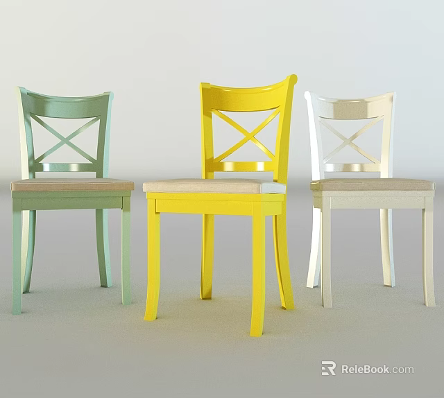 Colorful Modern Dining Chairs in Green Yellow White with Cross Back and Upholstered Seats 3d model 