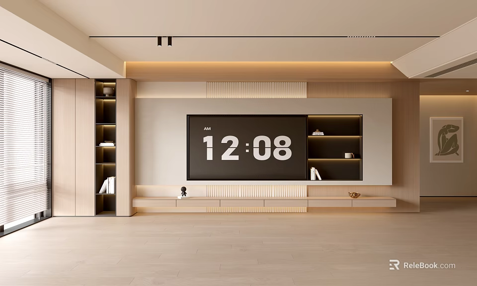 Modern Minimalist Living Room Interior Design With Large Screen TV And Shelves 3d model 