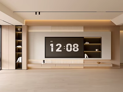 Modern Minimalist Living Room Interior Design With Large Screen TV And Shelves 3d model