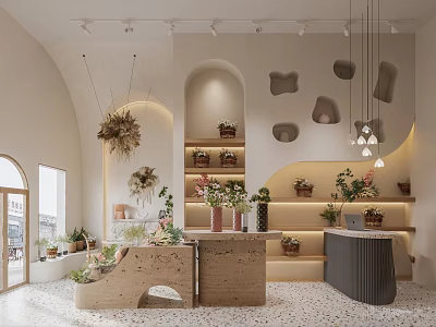 Modern Boutique Store Interior With Hanging Plants Decorative Walls And Display Shelves 3d model