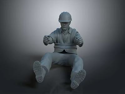 Seated Construction Worker Figure With Safety Helmet Vest And Thumbs Up Gesture 3d model