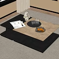Modern Coffee Table With Wooden Top Black Frame Tray Glass Cups And Fruit Bowl