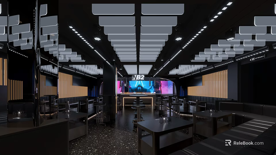 Modern Bar Interior With Stylish Lighting Counter Seating And Digital Screens 3d model