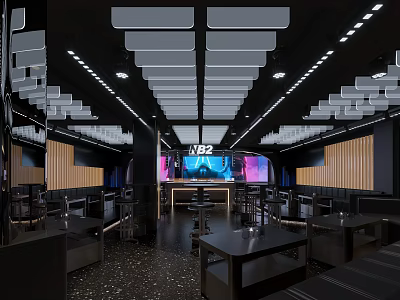 Modern Bar Interior With Stylish Lighting Counter Seating And Digital Screens 3d model