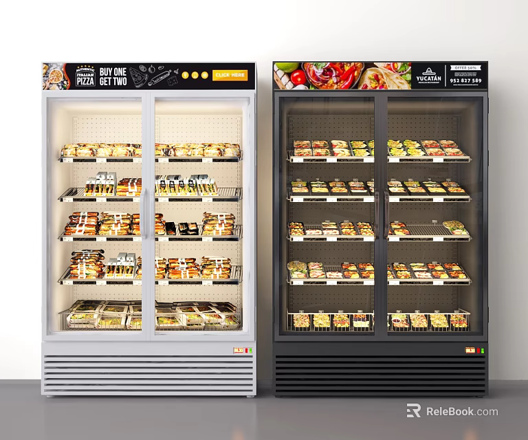 Commercial Glass Door Display Refrigerators with Multiple Shelves Stocked with Various Products for Supermarket Use 3d model 