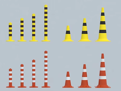 Road Facilities Including Traffic Cones With Yellow Black And Red White Stripes In Various Sizes 3d model