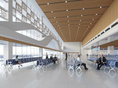 Modern Station Waiting Hall Featuring Large Windows Wooden Ceiling Benches And Waiting People 3d model