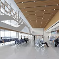 Modern Station Waiting Hall Featuring Large Windows Wooden Ceiling Benches And Waiting People