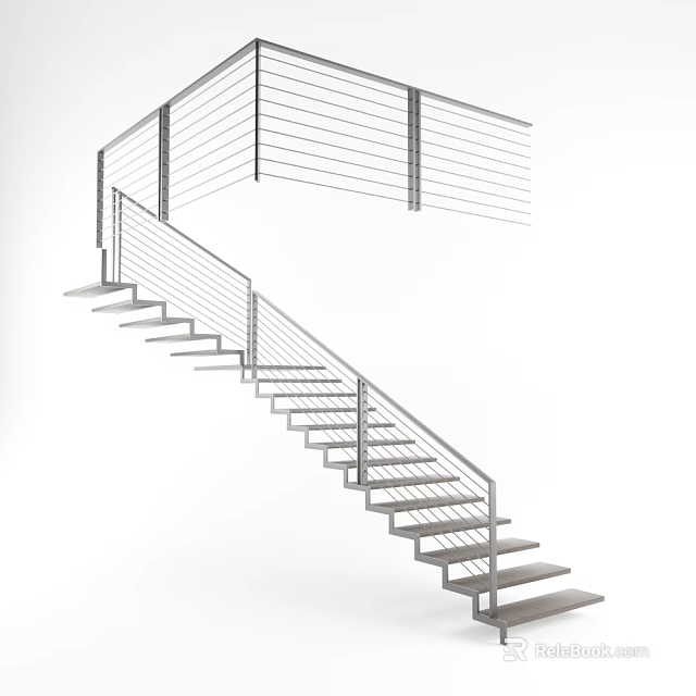 Modern Staircase Interior Design With Floating Steps And Metal Cable Railings 3d model 