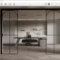 Glass Sliding Doors With Black Frame In Modern Office Interior With Desk Bookshelves And Chair