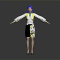 Woman With Blue Hair In White Long Sleeve Top And Yellow Suspenders Arms Outstretched