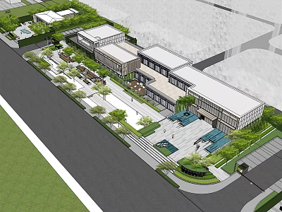 Modern Exterior Sales Office Building With Green Plants Plaza And Sidewalk 3d model