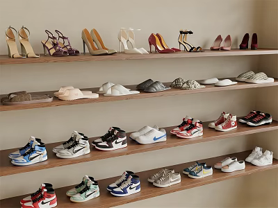 Various Stylish Shoes Including Heels Sneakers And Casual Pairs On Wooden Shelves 3d model