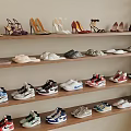 Various Stylish Shoes Including Heels Sneakers And Casual Pairs On Wooden Shelves