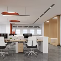 Modern Open-Plan Public Office Area Featuring Orange Ceiling White Partitions Workstations Green Plants Zone 01 3d model
