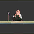 3D Animated Game Character Sitting on Sidewalk Next to Mailbox With Angry Expression