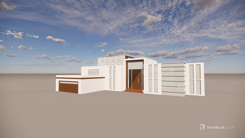 Modern Detached House With White Exterior Large Glass Windows And Wooden Entrance 3d model 