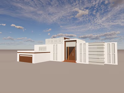 Modern Detached House With White Exterior Large Glass Windows And Wooden Entrance 3d model